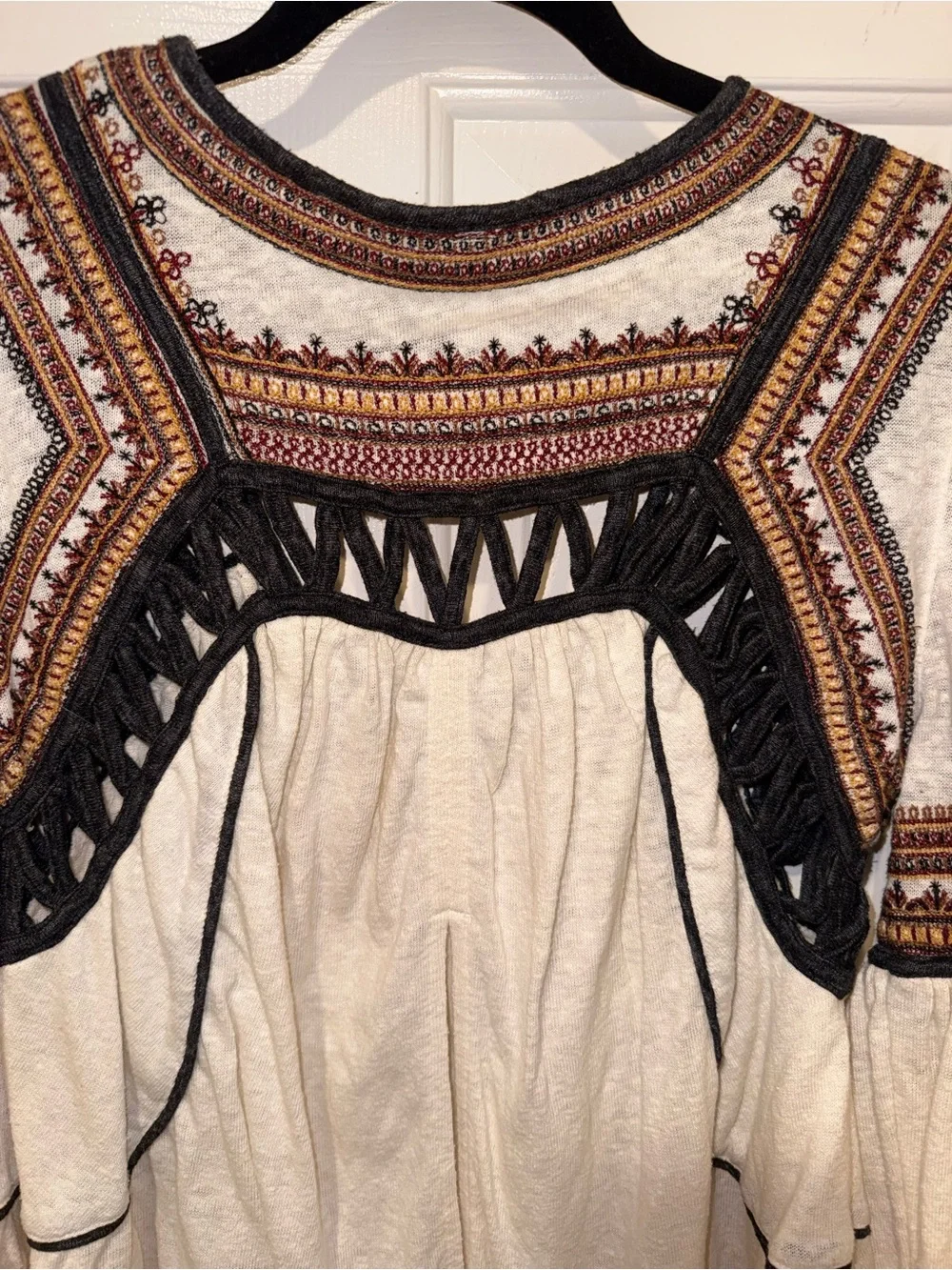 Free People Cream Snow Kisses - Boho Embroidered Tunic with Black Trim - Picture 10 of 16